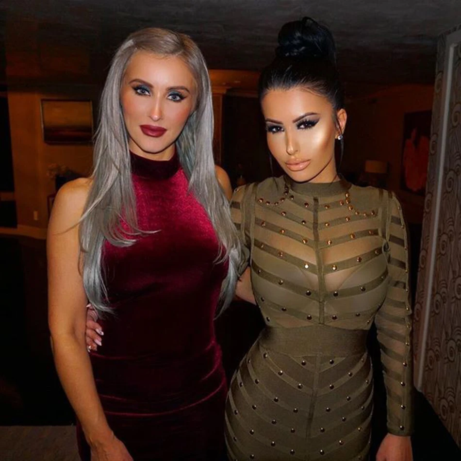 New Winter Celebrity Party Bandage Dress Women Knee Length Bodycon Dresses Sexy Mesh Long Sleeve Beaded Dresses