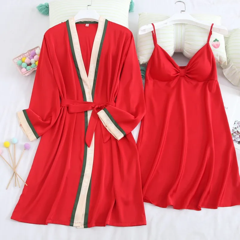 

Pink Satin Kimono Robe Gown Suit With Breast Pads Women Print Polka Dot Chemise Nightgown Bathrobe Set Sexy 2PCS Sleepwear