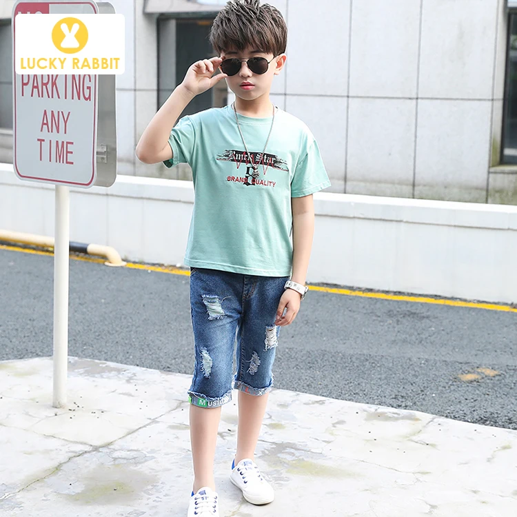 Children Cute Fashion Summer Kids Boy Clothes 2 Piece Set White T-Shirt Shredded Jeans 5-14 Years |