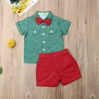 Джентльменский детский комплект одежды для маленьких мальчиков, Рождественская одежда для малышей, с бантом, с коротким рукавом, зеленая рубашка, топы, красные шорты, наряд для официальных мероприятий, 2 шт.