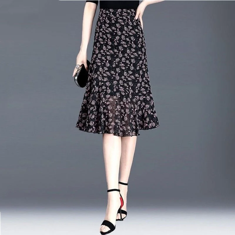 

2021 Summer Clothes High Waist Midi A-line Skirts for Women Wild Printed Floral Chiffon Skirt Jupe Femme Faldas Saia Y740