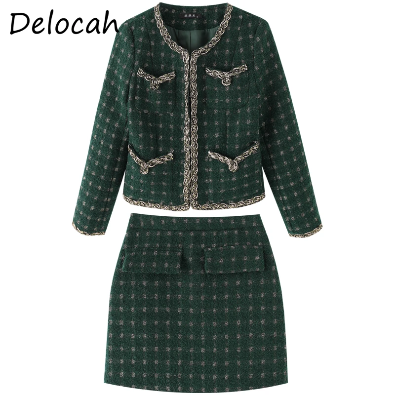 

Delocah Women Summer Fashion RunwaySkirt Set Long Sleeve loose Blends Coats + High Waist A-Line Skirts 2 TwoPiecesSuits 2021