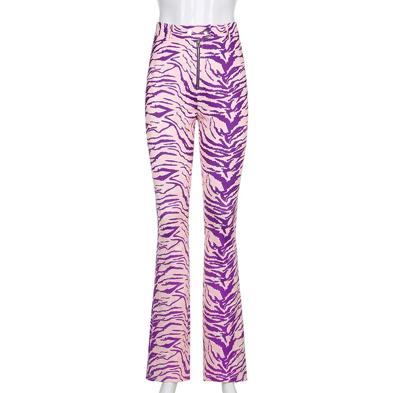 

Purple Tiger Striped Y2K Aesthetic Joggers Women Flared Trousers High Waist Streetwear Zipper Straight Pants Female Sweatpants