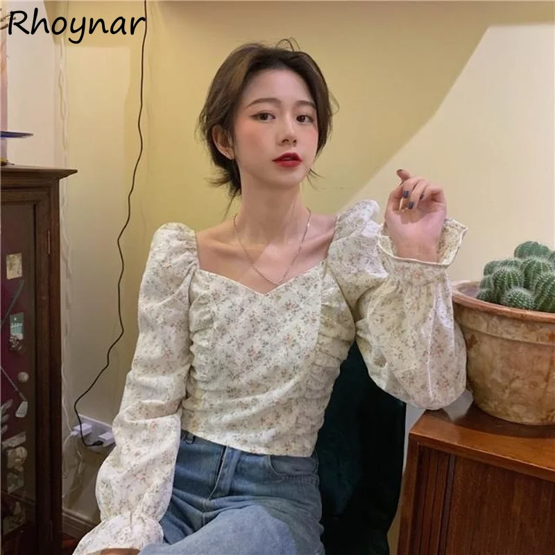 

Blouse Women Fashion Print Cropped Ladies Tops All-match Design Popular Mujer Daily Cozy Chic Vintage Long Sleeve Minimalist New