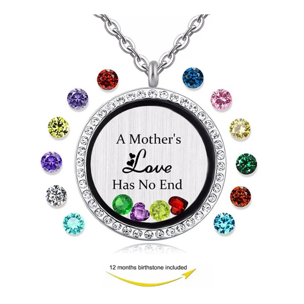 

Mother's love has no end engraved magnetic floating locket Pendant, gift for She birthstones charm necklace jewelry