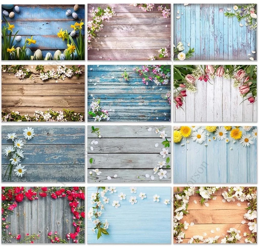 Spring Easter Backdrop Rustic Wooden Photography Background Child Baby Shower Birthday Party Decor Banner Flowers Photocall