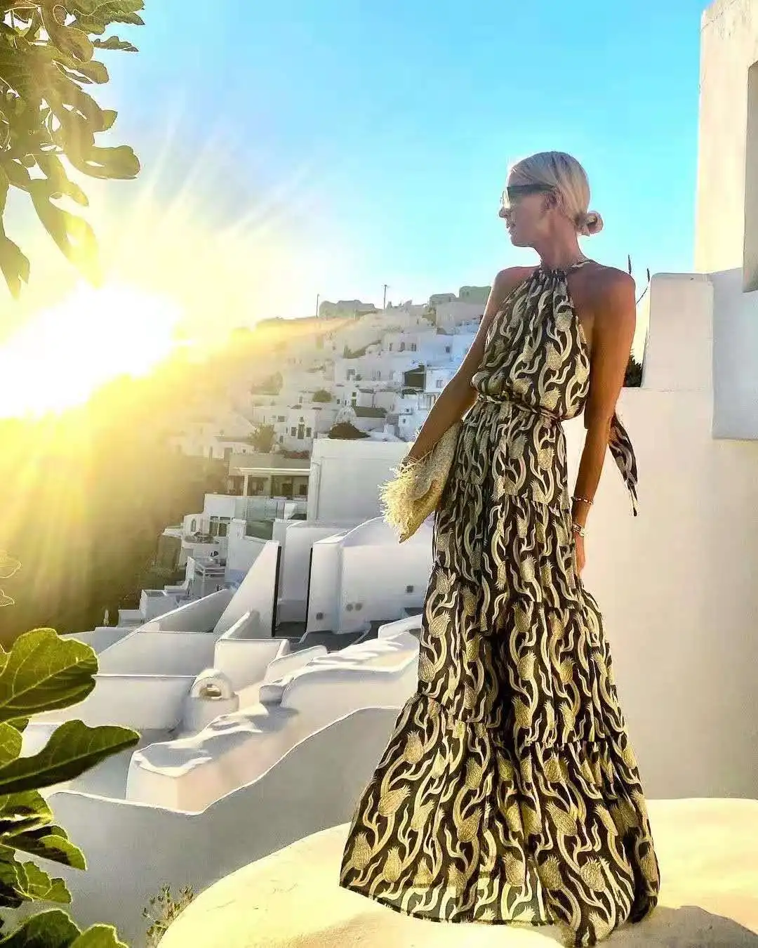 

Fashion Women's Dress New Summer Casual Hot-selling Hanging Neck Pullover Print Backless Swing Sleeveless Long Dress Donsignet