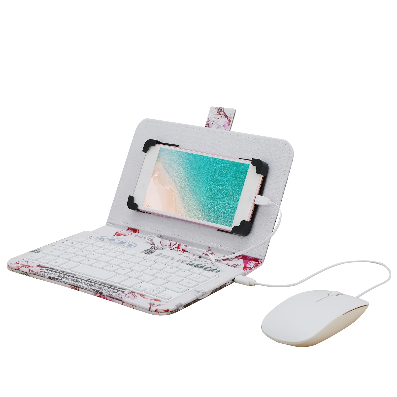 

Portable Wired Type-C Mobile Phone Keyboard Mouse Set With Leather Cover Stand For Huawei Samsung Fit Mobile Phones Up To 7"