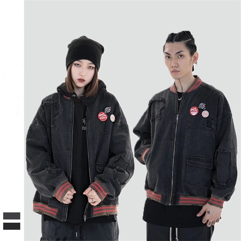 

Hip Hop Punk Distressed Baseball Jackets Outwear 2021 Spring Autumn Street Casual Couple Jacket Men and Women Loose Cotton Coats