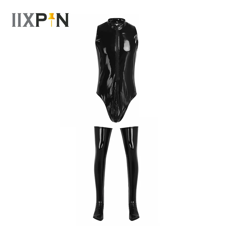 

Мужское нижнее белье из лакированной кожи, на молнии, трико, боди, нижнее белье, комбинезон с противоскользящим бедром, высокие чулки, Мужска...