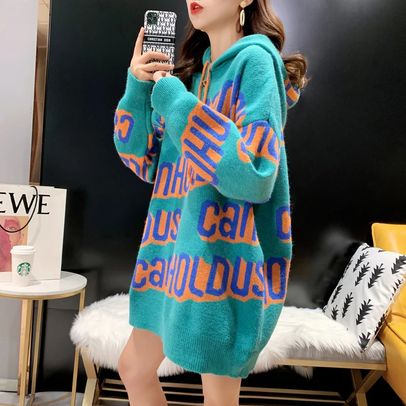 

2021 New Women's Large Size Hooded Sweater Korean Loose Top Spring and Autumn Knitted Lazy Jacket Fashion Letter Print Tops