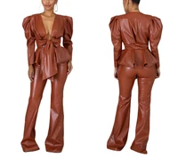 winter tracksuit set for women full sleeve solid color pu leather tie sashes pants suit