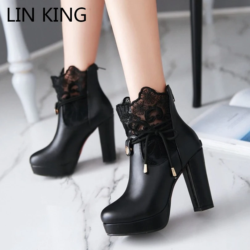 LIN KING/модные женские ботинки размера плюс 43 на высоком каблуке полусапожки для