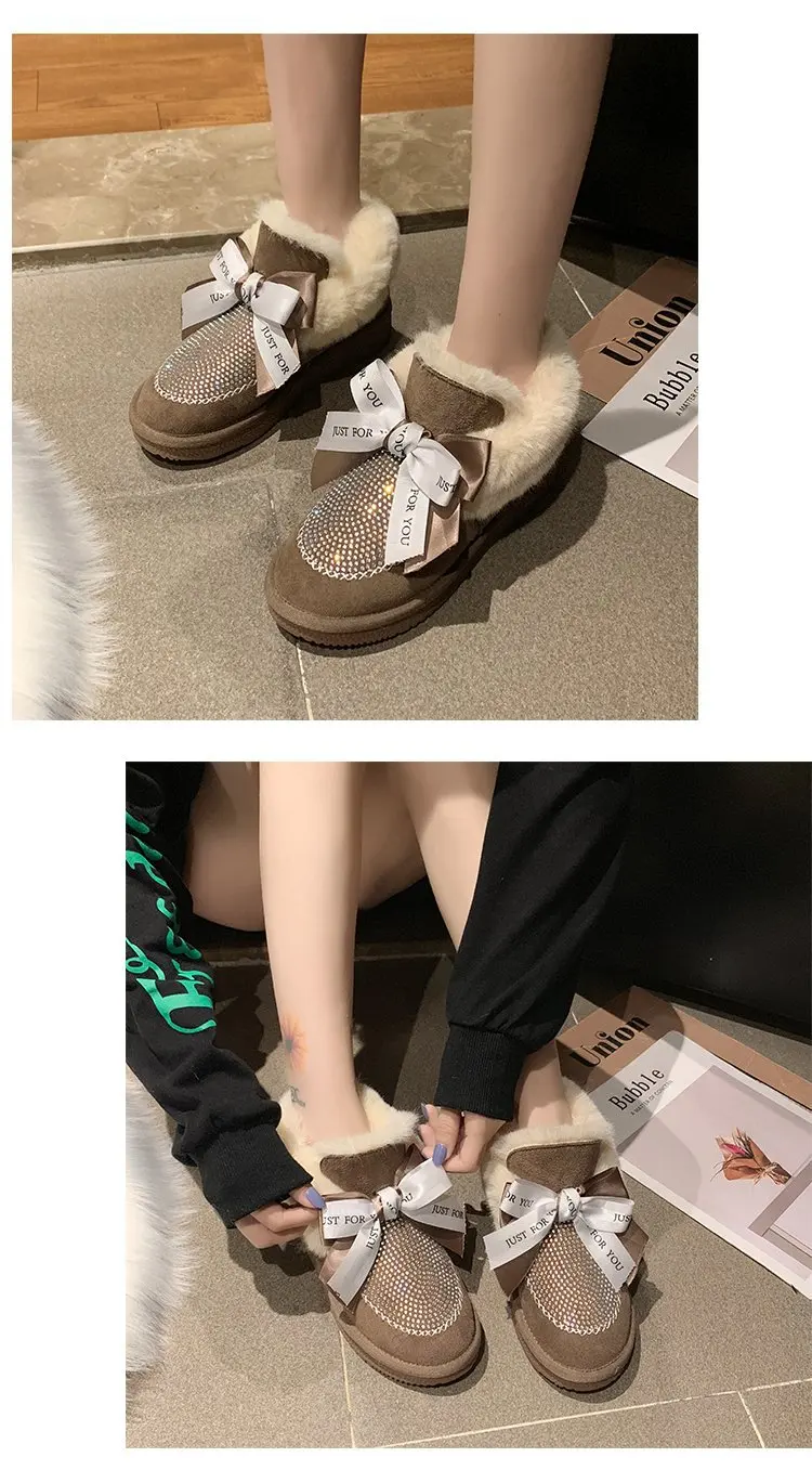 Зимние сапоги; женские зимние плюшевые ботильоны; женская хлопковая теплая обувь на меху на плоской резиновой подошве без застежки; милые замшевые ботинки с бантом и кристаллами