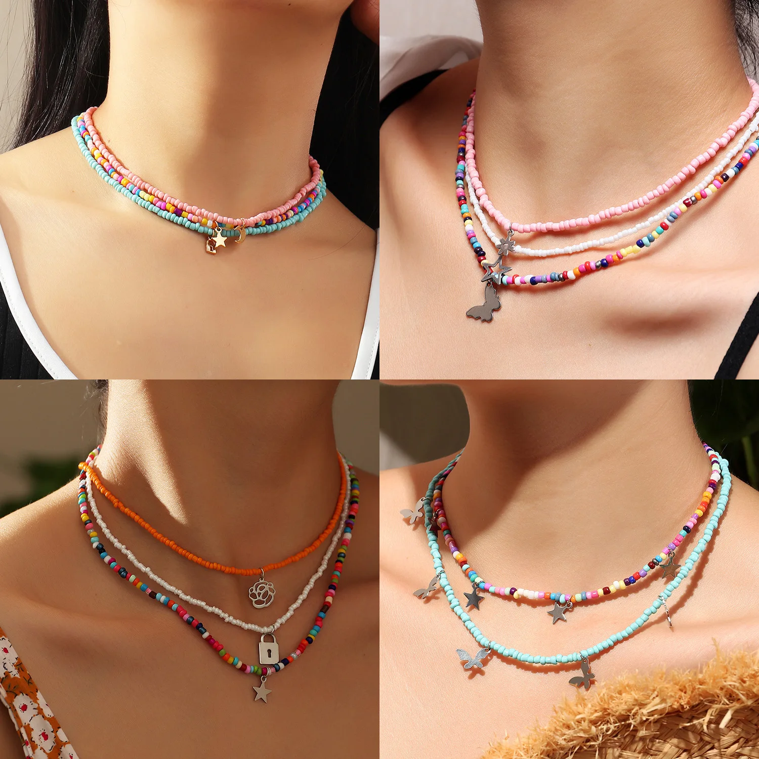 

Bohemian Multilayer Pendant Necklace Fashion Handmade Seed Bead Star Moon Butterfly Choker New Women Jewelry Bijoux Gift 2021
