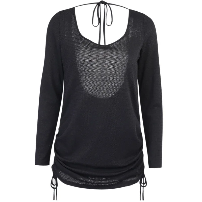 

States wind 2020 autumn new women's hanging neck tie with long sleeves exposed backpack hip dress women knitted skirt