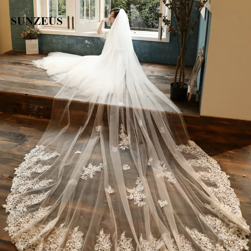 

Long Wedding Veil 4M Length 3M Width Cathedral Bridal Veils With Appliques Bruids Sluier velo sposa champagne LVV12