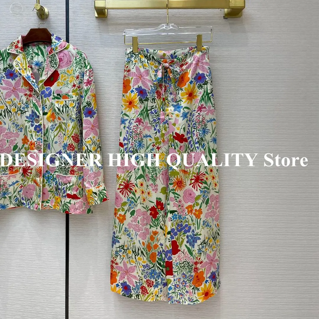 2021 New 2 Piece Set Women Pajama Suits Floral Print Lapel Long Sleeve Loose Shirt Blouse With Wide Leg Pants Suit Retro Pajamas