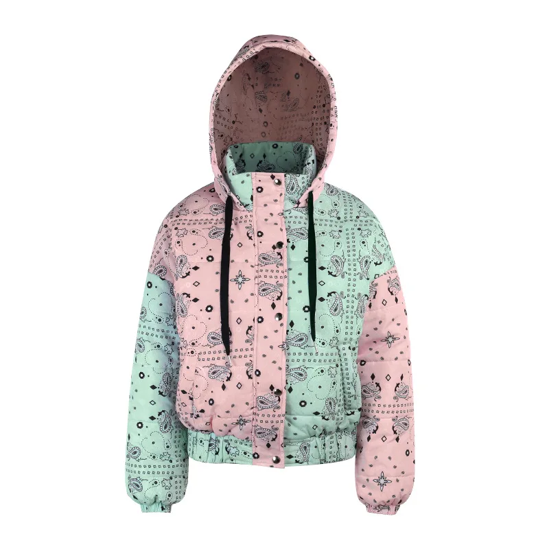 2022 Long-sleeved Zipper Padded Women Harajuku Clothes Thick Parkas Autumn Winter New Printed Color Matching Hooded Jacket