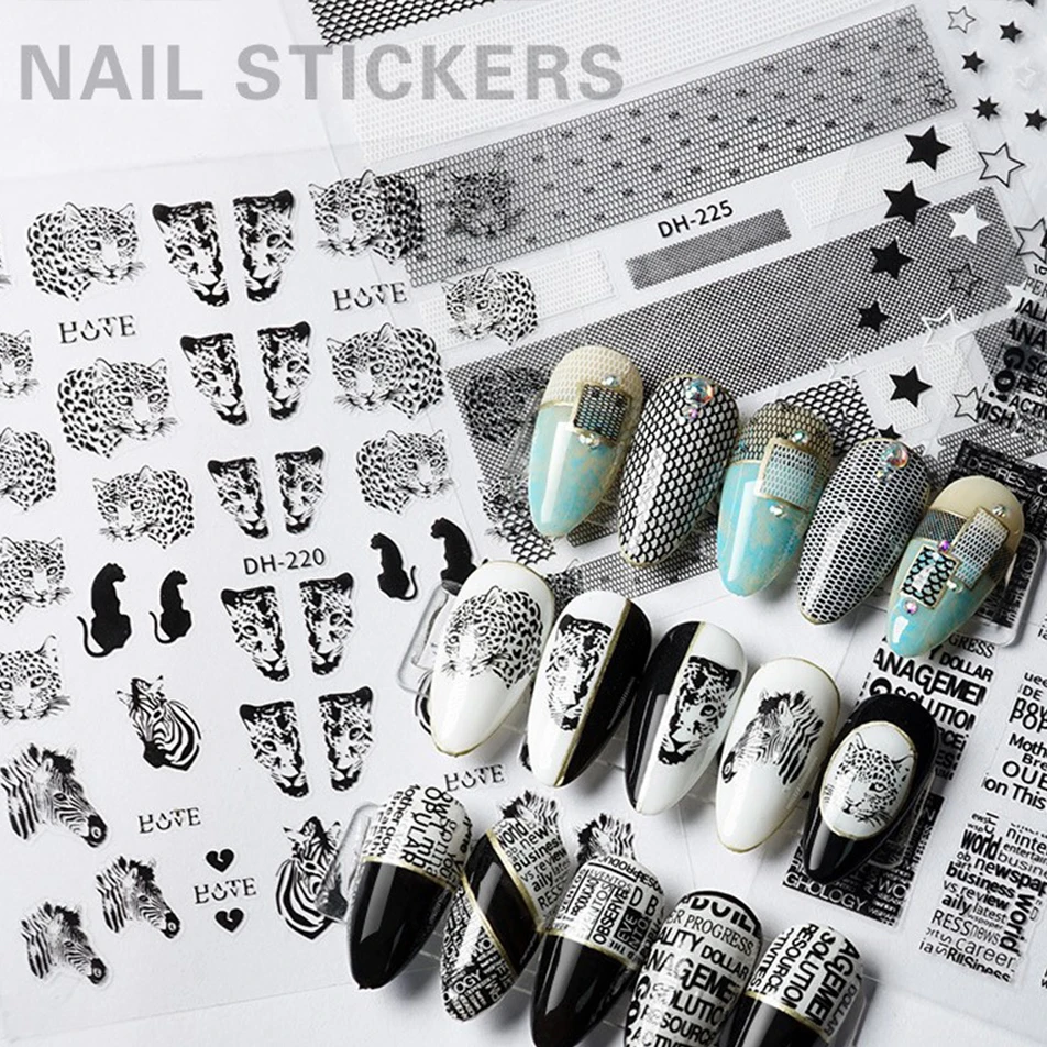 

1PC Hollow 3D Nail Stickers Black White Wild Leopard Snake Star Letter Design Adhesive Decals Nail Art Decoration Tip Slider New