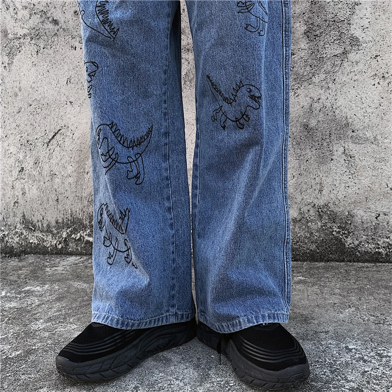 Джинсы женские с принтом динозавра милые свободные штаны завышенной талией