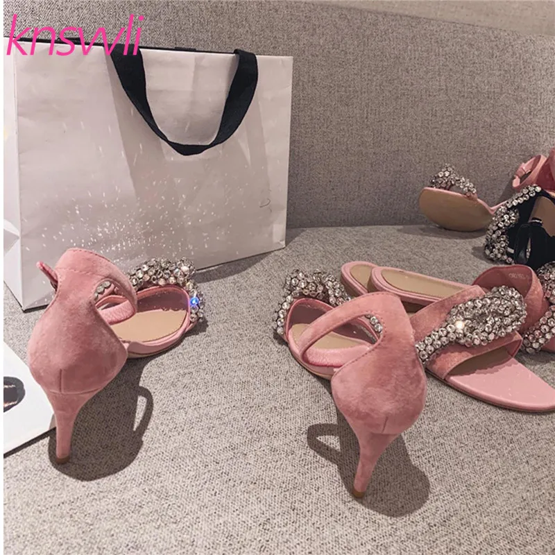 Сандалии на высоком каблуке со стразами и бантом Женские замшевые сандалии