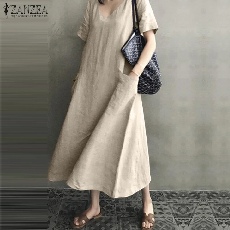 

ZANZEA Femme Lady Faldas Largas Vestidos Women Long Maxi Summer Dress Leisure Cotton Linen Ladies Big Pockets Beach Party Robe