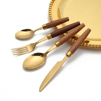 jaswehome beech wooden handle flatware set wood stainless steel cutlery set tableware fork knife gold western dinnerware
