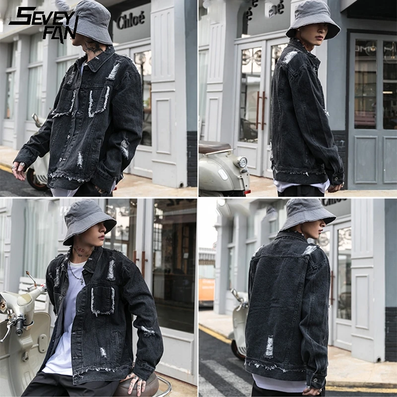 

Men's Harajuku Ripped Denim Jacket Fashion Tassel Destroy Hole Oversized Hip Hop Jeans Jacket Casual Blue Jean Jackets and Coat