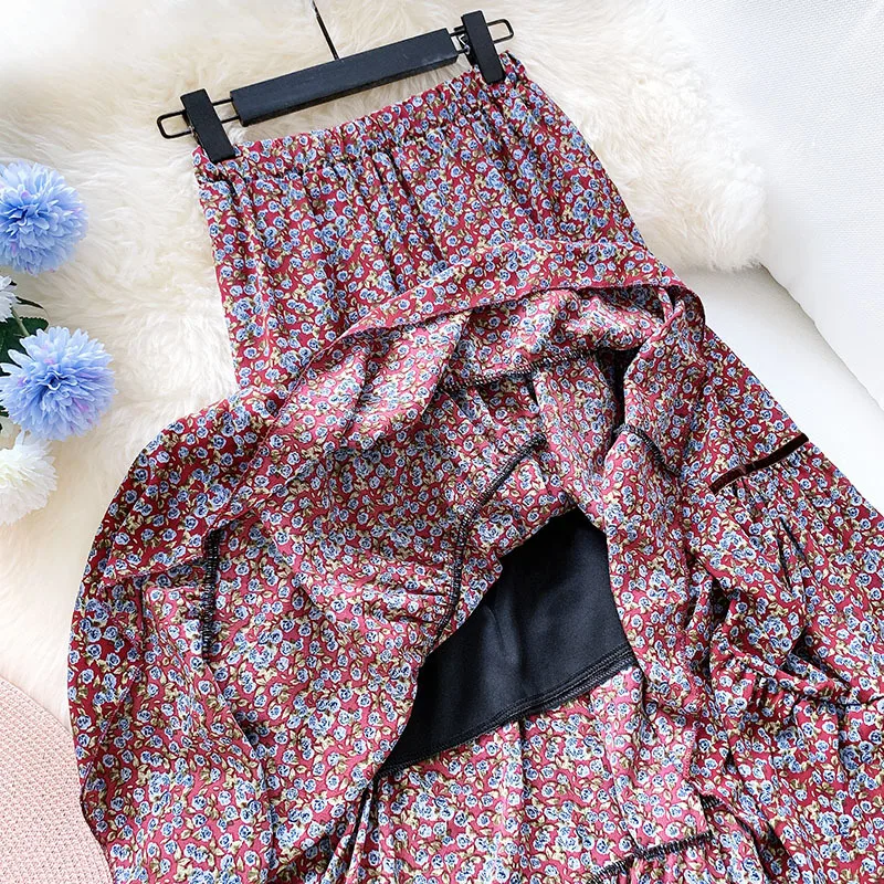 

REALEFT Autumn Winter Vintage Floral Printed Long Pleated Skirts High Waist Korean Style Harajuku Tulle A-Line Mid-Calf Skirts