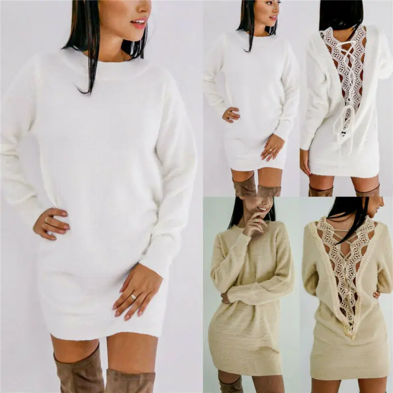 Женское платье-свитер с длинным рукавом зимнее белое свободное платье-хомут