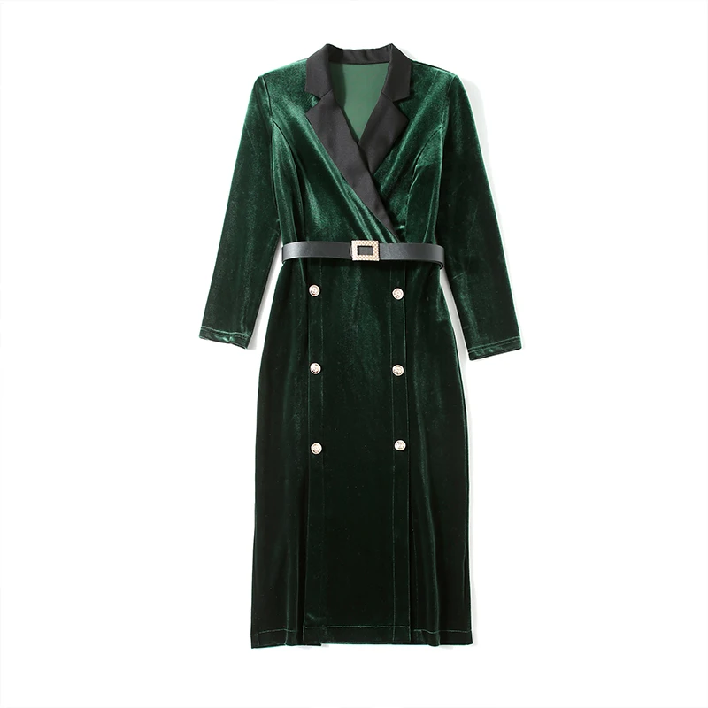 

High quality women Spring Autumn tailored collar Femal Ladies Casual streetwear femme Velvet waisted fashion green dress belt