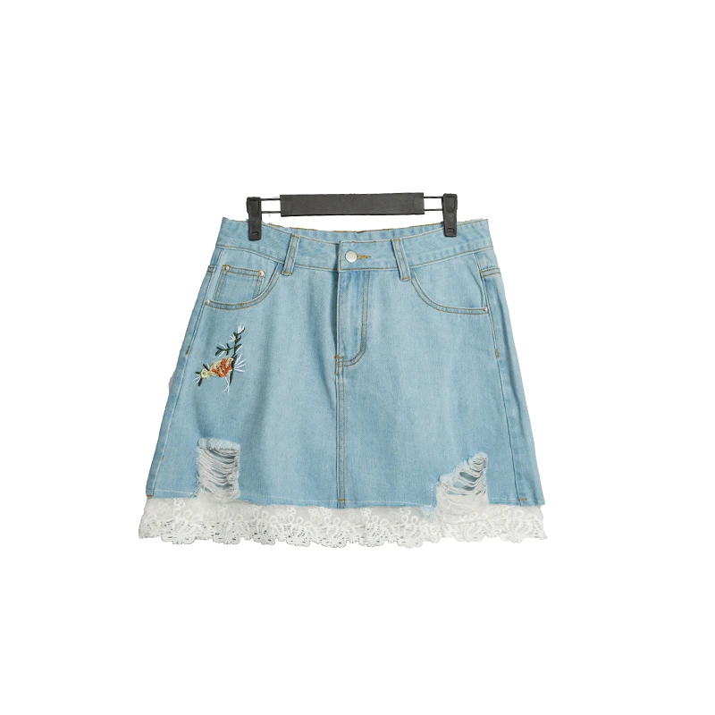 

Houthion New Denim Short Skirt Casual Fashion Embroidery Loose Plus Size Pocket High Waist Lace Stitching Women Clothing Summer