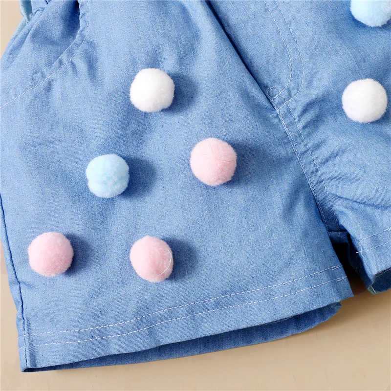 

2 Pcs Infant Summer Outfits, Baby Popsicle Print Fly Sleeve Square Collar Pullover + Solid Color Shorts with Pom Poms, Pockets