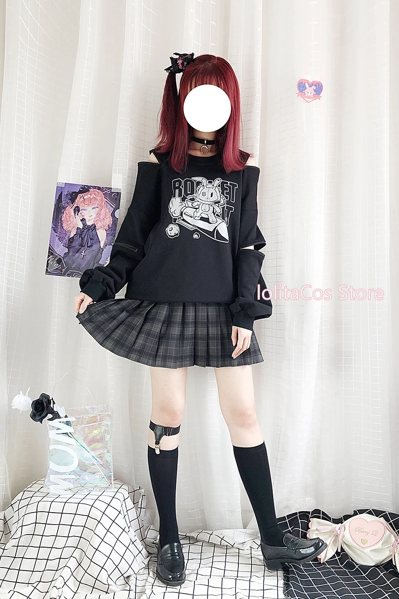 

Harajuku Women Pullover Rocket Rabbit Cartoon Printed Dark Hoodie Lolita Girl Autumn Winter Sleeve With Zipper Sweatshirt Tops