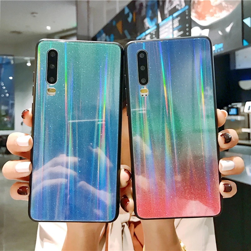 Блестящий чехол с лазерным градиентом для Huawei P20 Lite P30 жесткий защитный из