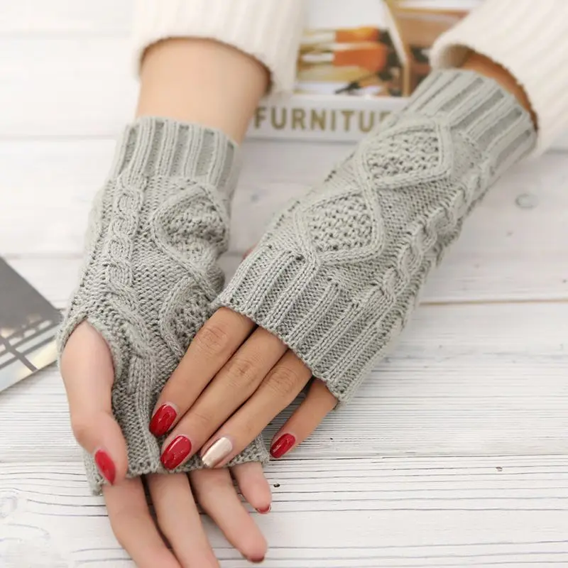 

Winter Lady Women Gloves Knitted Jacquard Diamond Sleeve Half Finger Short 20cm Warm Fingerless Gloves Hot