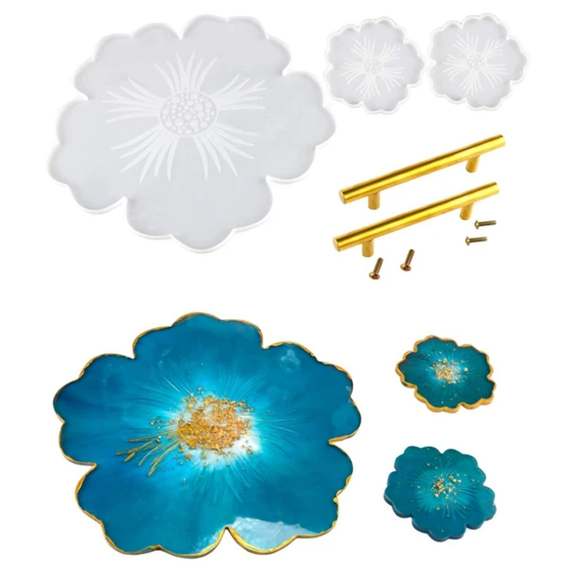 

Silicone Tray Mold, 2 Flower Cup Epoxy Molds, 2 Golden Metal Handles, Used for Trays, DIY Crafts and Home Decoration