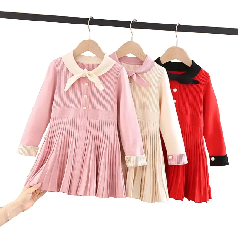 

Autumn New Kids Sweater Dress Girls o-neck Knitted Suit Children Knitted Bow Coat Skirt Spring College Style Set 1-12 years old