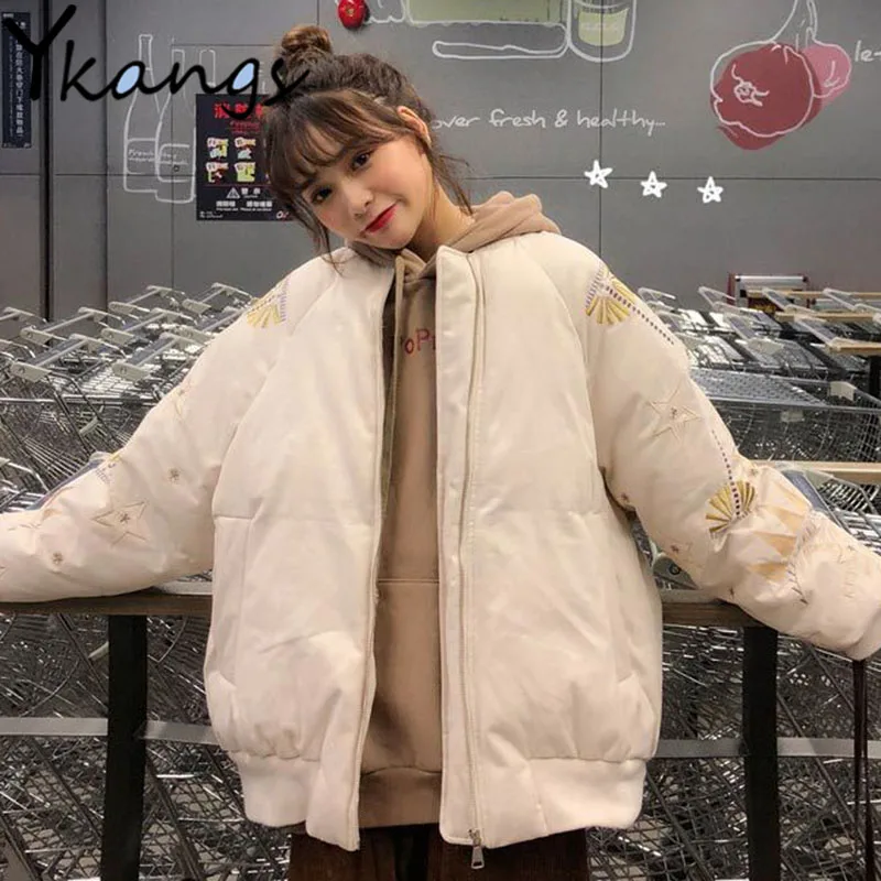 

Goth Loose Winter Warm Student Baseball Uniform Women Korean Harajuku Embroidery Zip Coat Baggy Aesthetic Thicken Parkas Female