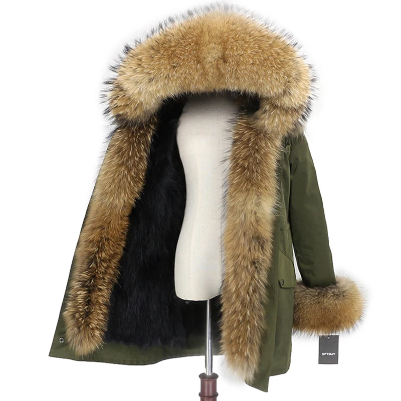 green black natural OFTBUY, водонепроницаемое пальто с натуральным мехом, длинная парка, зимняя куртка для женщин, натуральный мех енота, воротник, капюшон, подкладка из лисьего меха, теплая уличная одежда - Цвет: green black natural