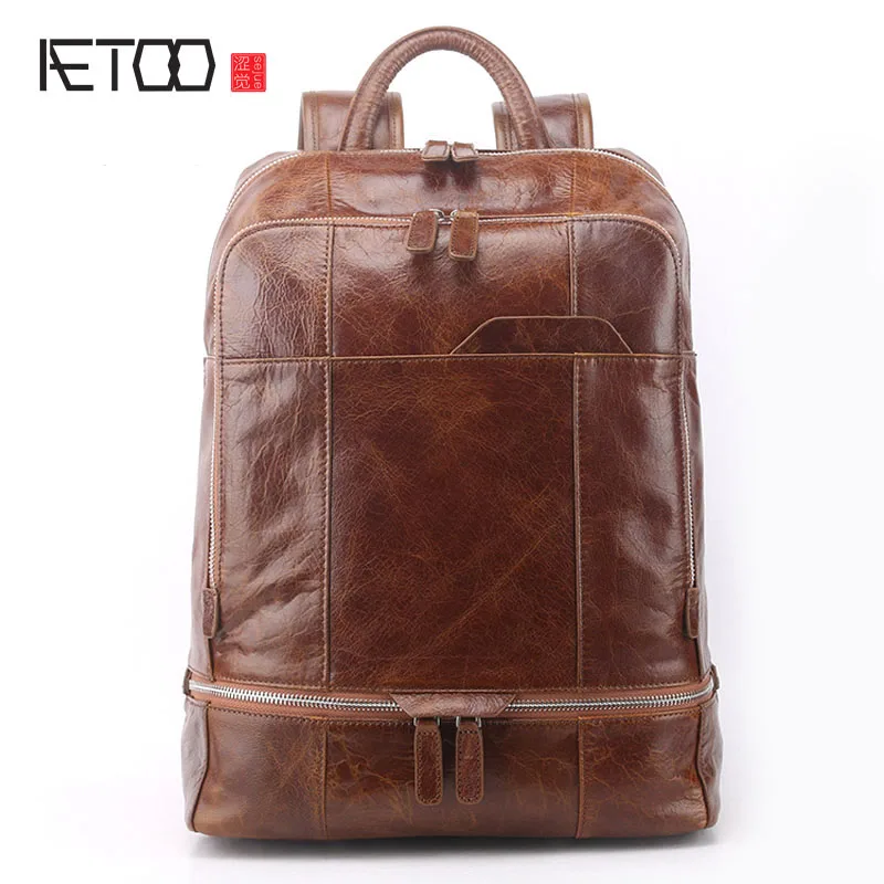Мужской кожаный рюкзак AETOO вместительный дорожный из натуральной кожи с плечевым