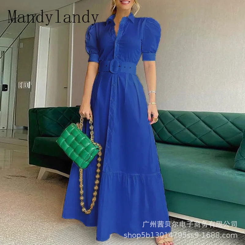 

Mandylandy Dress Summer Puff Sleeve Turn-down Collar Stitching Dress Women's Casual Slim High Waist Single-Breasted Dress