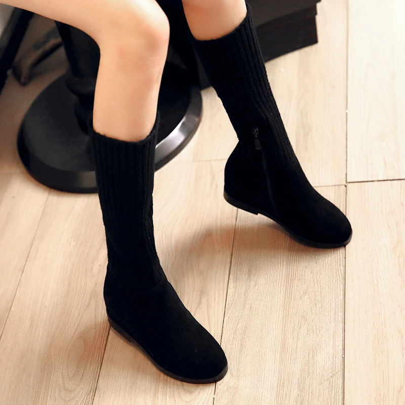 2019 г. Новые осенние ботинки до середины икры из коровьей замши женская обувь