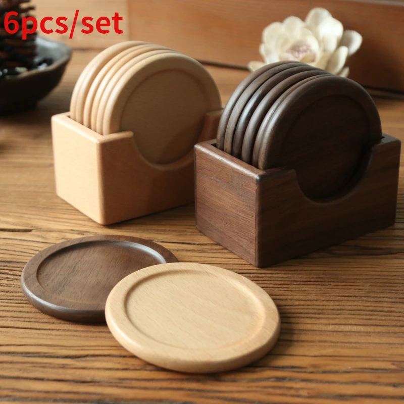 

6 Pieces Wooden Coasters Set Black Walnut Solid Wood Round Table Mat Heat Insulation Pad Box Bottom Holder Placemat