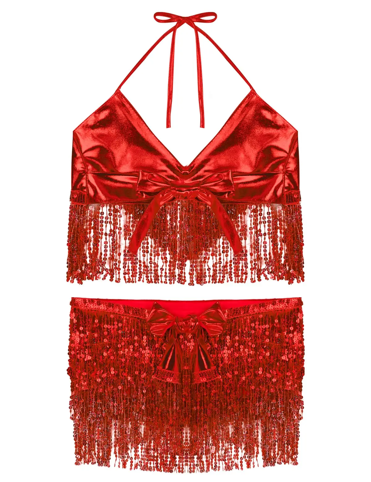 Women Shiny Belly Dance Costume Set Sequin Tassels Halter Neck and Back Tie Up Bra Top with Hip Scarf Wrap Skirts Pole dancewear