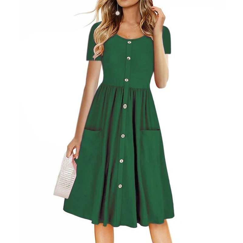 Женское летнее платье пуловер с круглым вырезом застежкой на талии и карманами