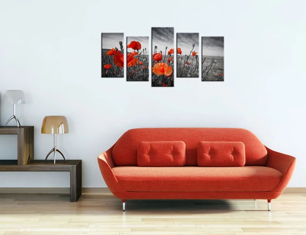 Оранжевый мак плакат Wall Art Печать холст Картина 5 штук цветущие растения домашний