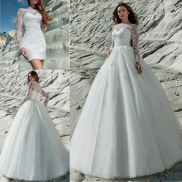 Новинка Тюлевое кружевное свадебное платье 2 в 1 с вырезом Лодочка 2020 аппликацией