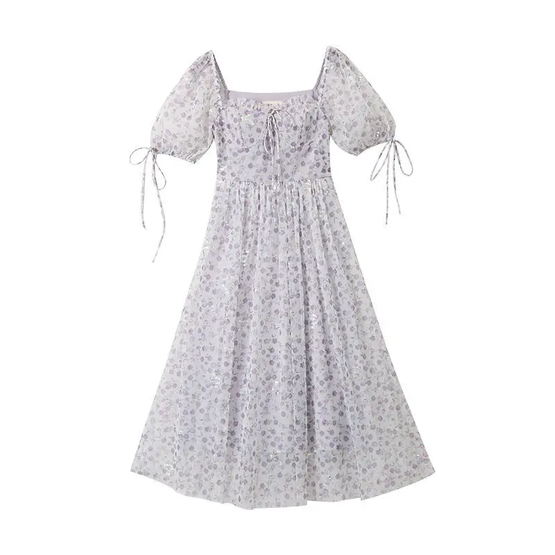

2021 Summer Design Chiffon Dress Sweet Elegant Floral Midi Dress Square Collar Lace-up Party One Piece Dress Korean Office Lady
